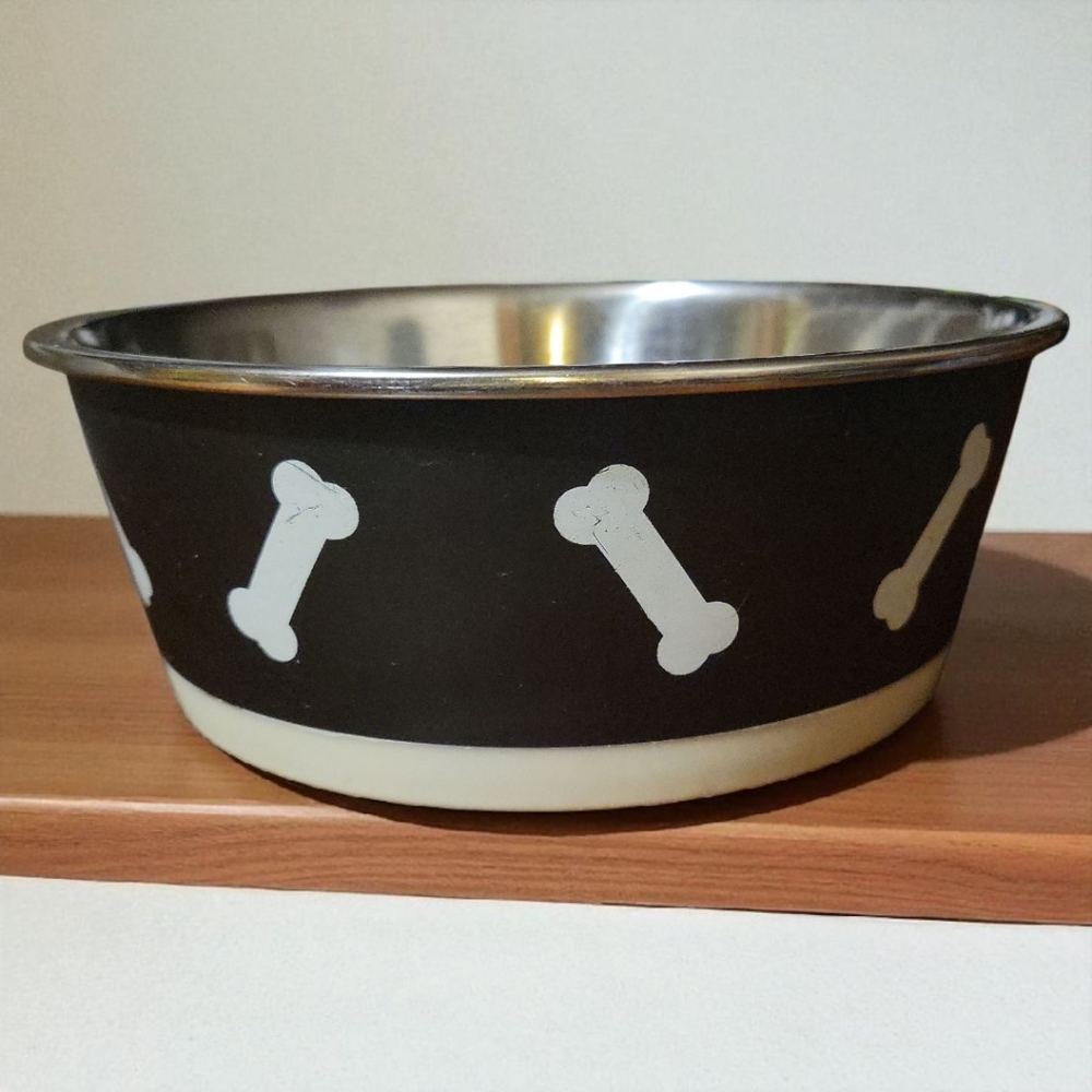 NWT Vibrant Life Dog Cat Pet Dish Bowl Black White Bones Stainless 48 fl oz